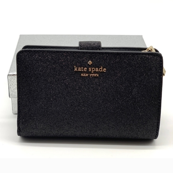 Kate Spade ♠️ Black Glimmer Glitter Medium Wallet - Picture 3 of 9